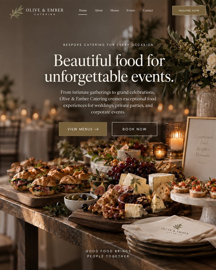 Olive & Ember Catering concept homepage, direction one