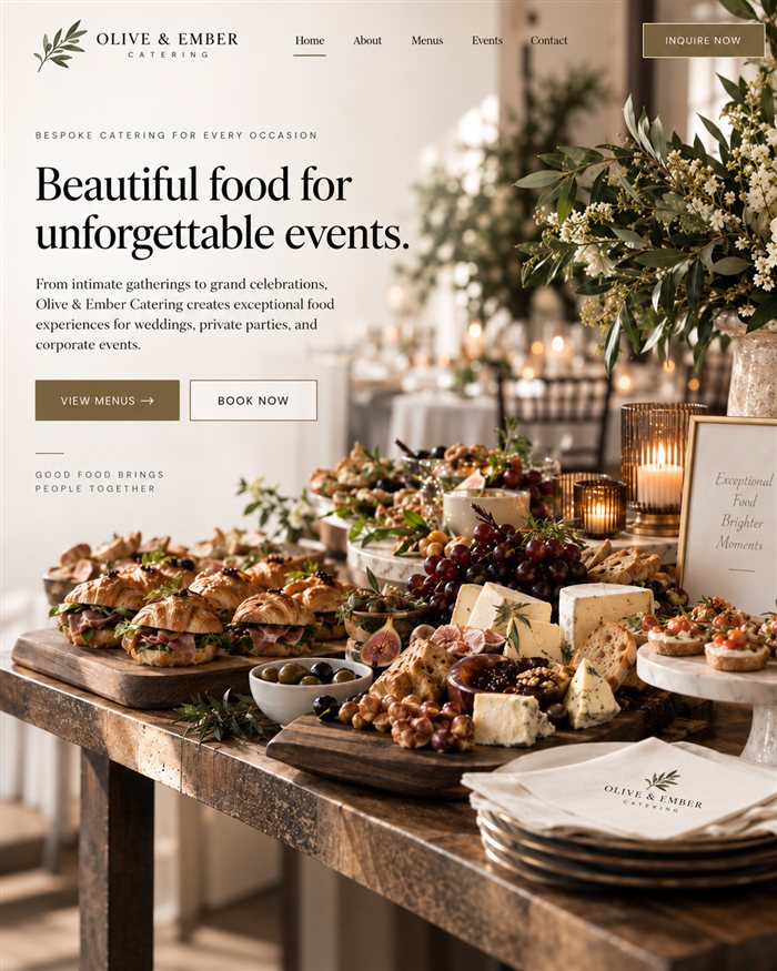 Olive & Ember Catering concept homepage, direction two