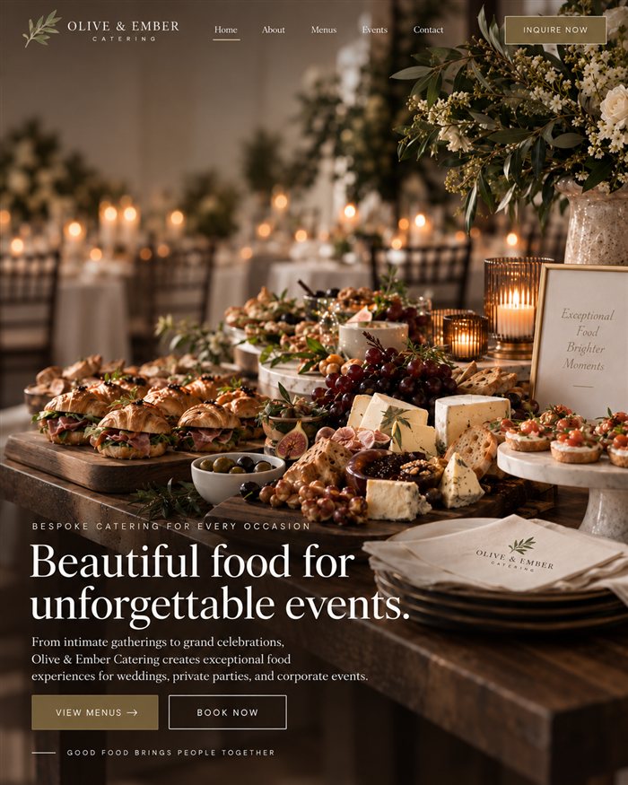 Olive & Ember Catering concept homepage, direction three
